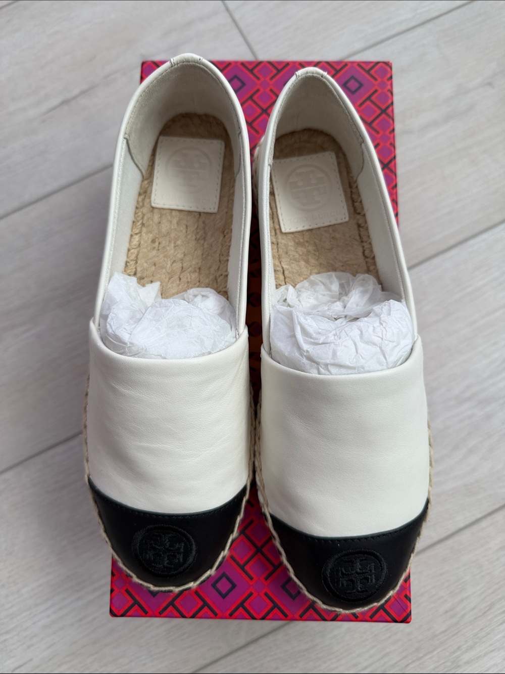Tory Burch Ivory White and Black Slip-On Espadrille Flats